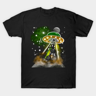 Monster Truck Alien Abduction Funny Cartoon Illustration T-Shirt